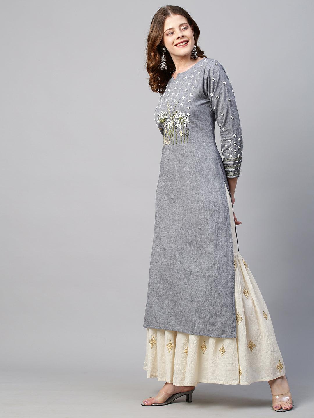 Floral Hand Embroidered Straight Fit Kurta - Gray - Indiakreations