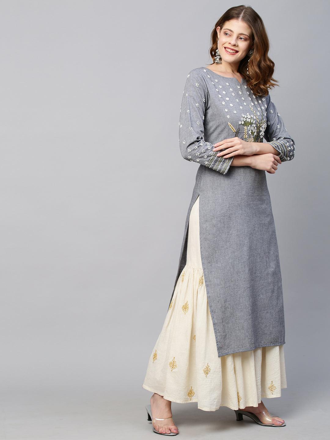 Floral Hand Embroidered Straight Fit Kurta - Gray - Indiakreations