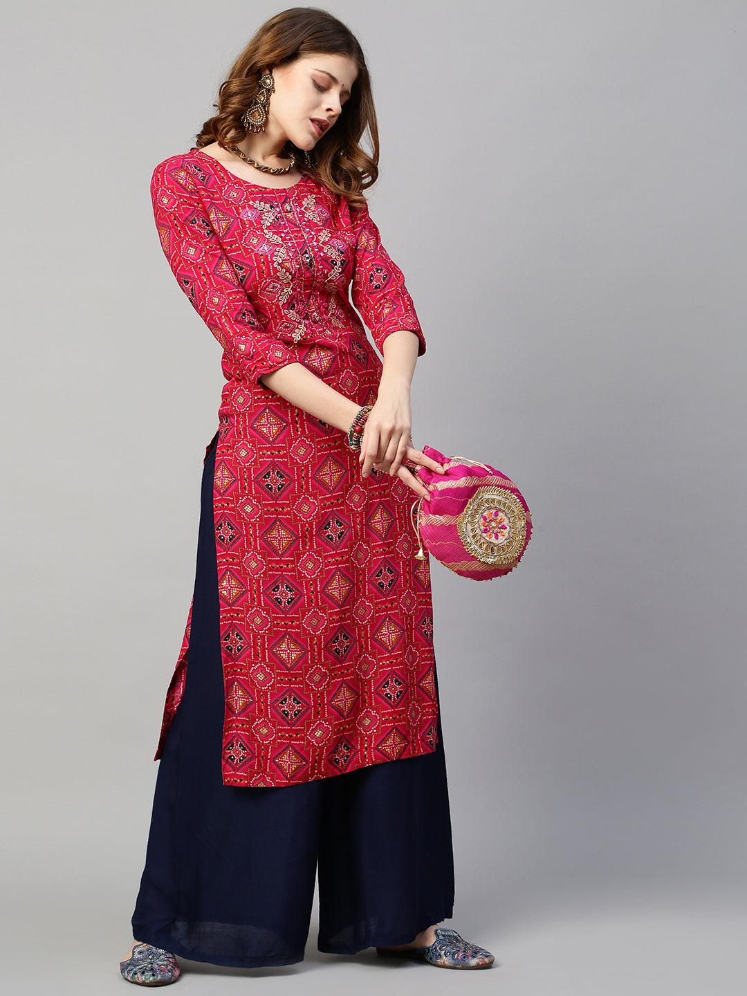 Bandhani Printed & Mirror Embroidered Straight Fit Kurta - Red - Indiakreations