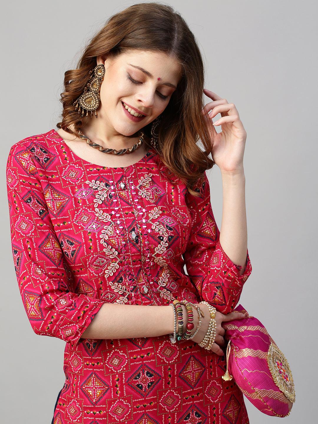 Bandhani Printed & Mirror Embroidered Straight Fit Kurta - Red - Indiakreations