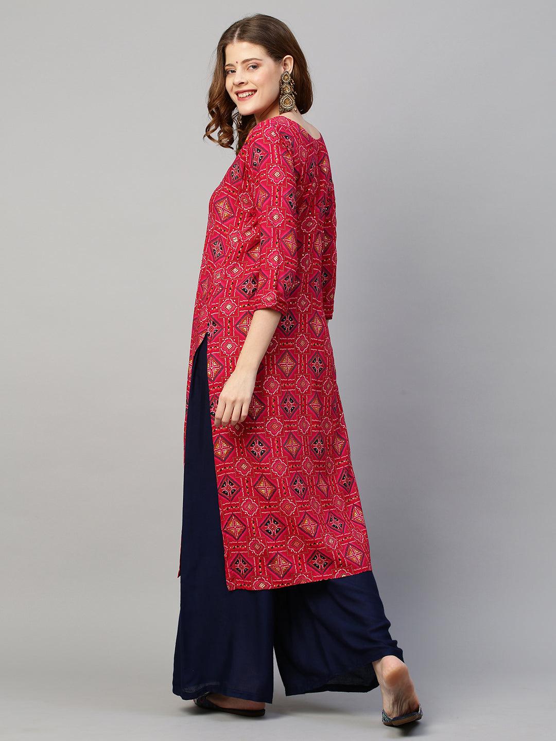 Bandhani Printed & Mirror Embroidered Straight Fit Kurta - Red - Indiakreations