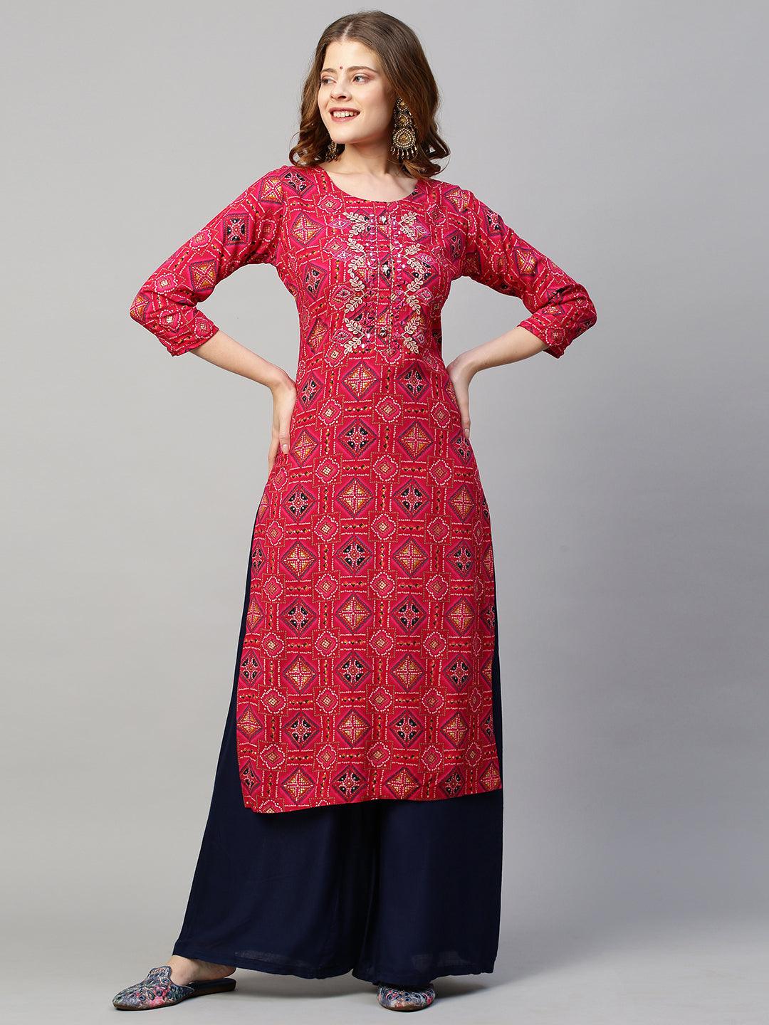 Bandhani Printed & Mirror Embroidered Straight Fit Kurta - Red - Indiakreations