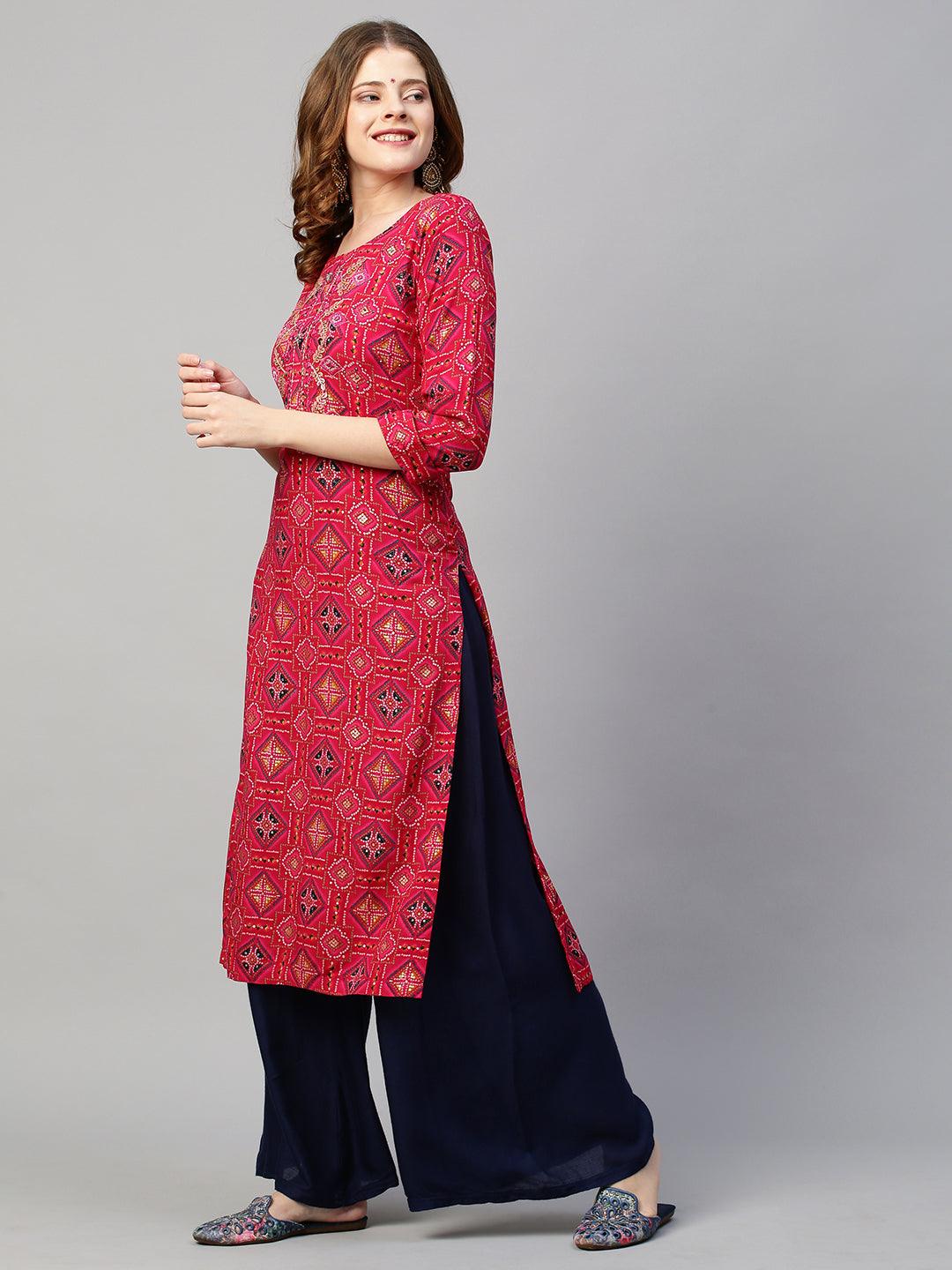 Bandhani Printed & Mirror Embroidered Straight Fit Kurta - Red - Indiakreations