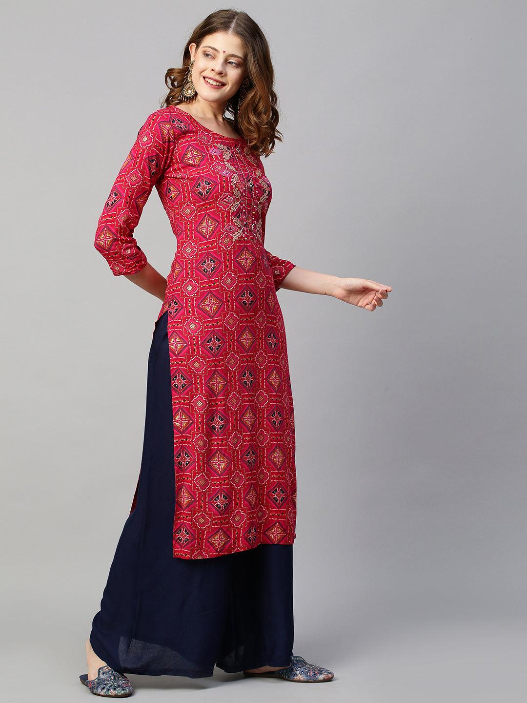 Bandhani Printed & Mirror Embroidered Straight Fit Kurta - Red - Indiakreations