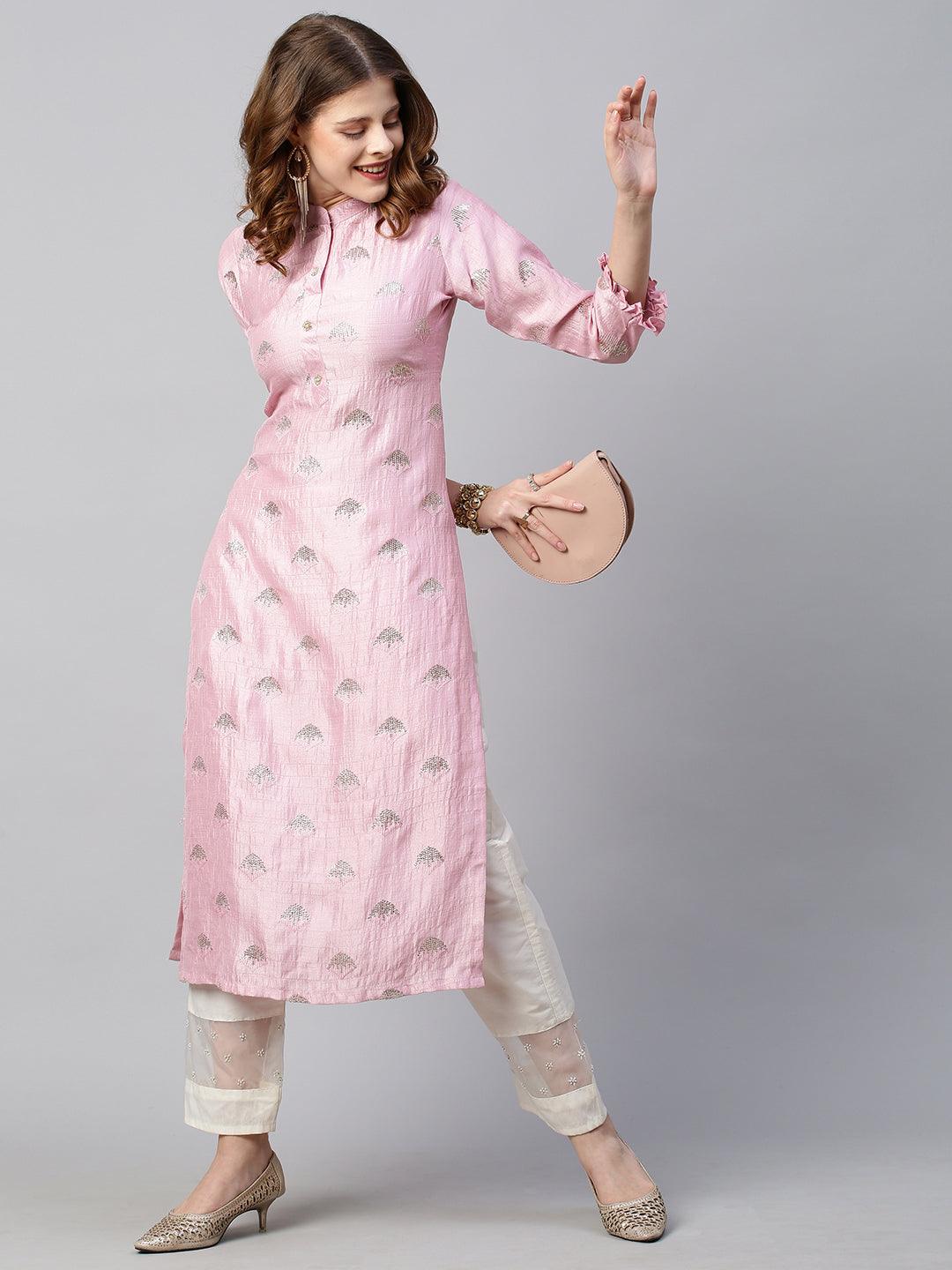 Sequin Embroidered Straight Fit Kurta - Light Pink - Indiakreations