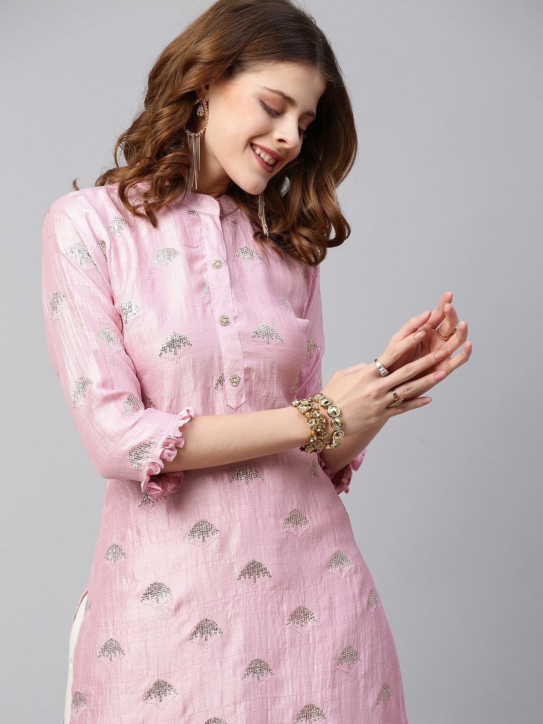 Sequin Embroidered Straight Fit Kurta - Light Pink - Indiakreations