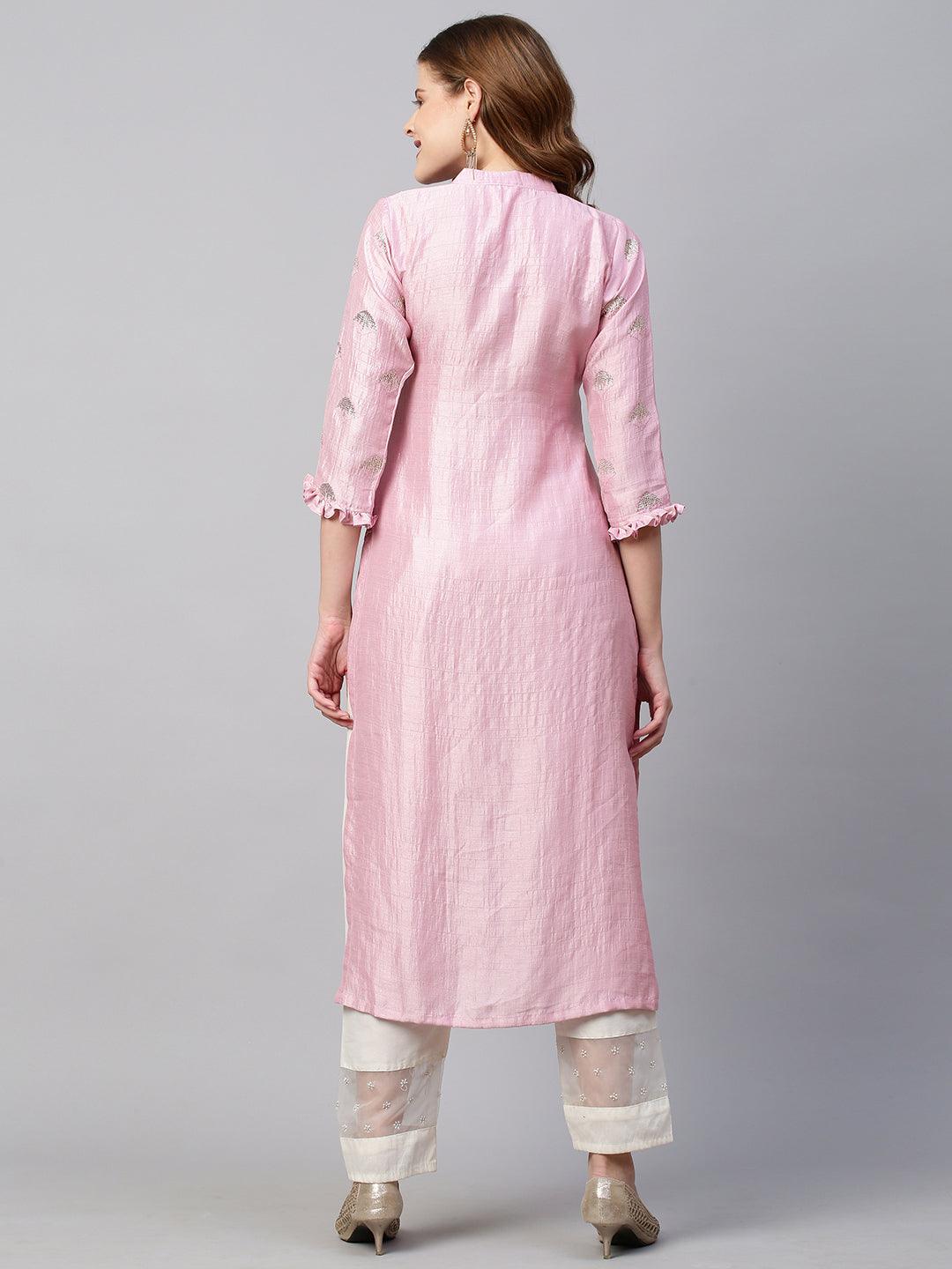 Sequin Embroidered Straight Fit Kurta - Light Pink - Indiakreations