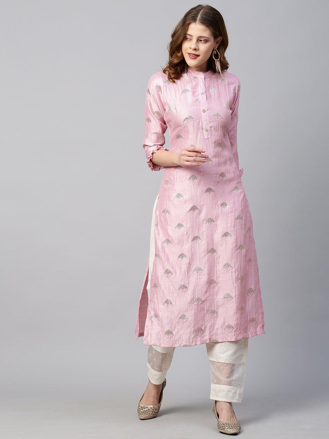 Sequin Embroidered Straight Fit Kurta - Light Pink - Indiakreations