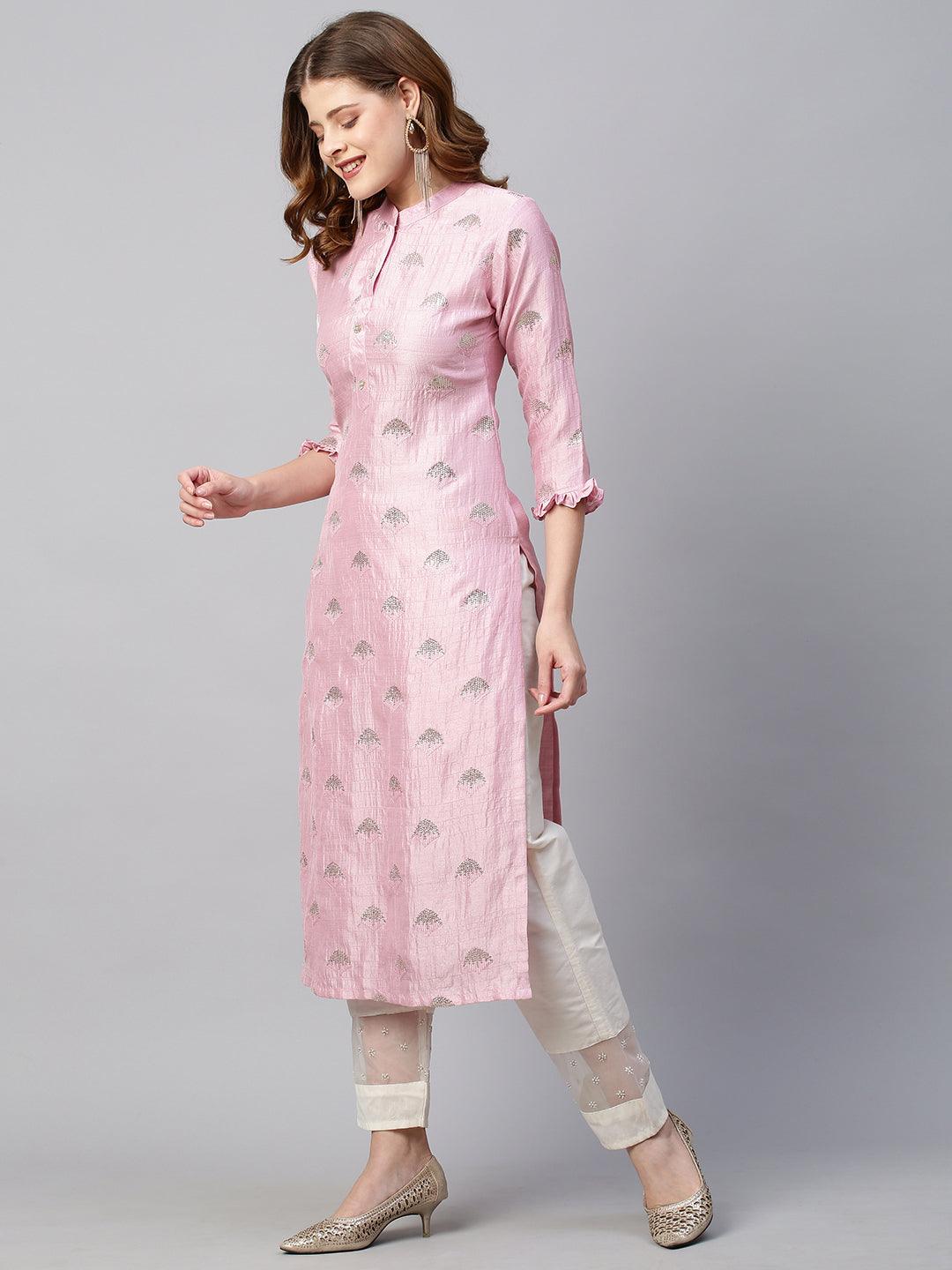 Sequin Embroidered Straight Fit Kurta - Light Pink - Indiakreations