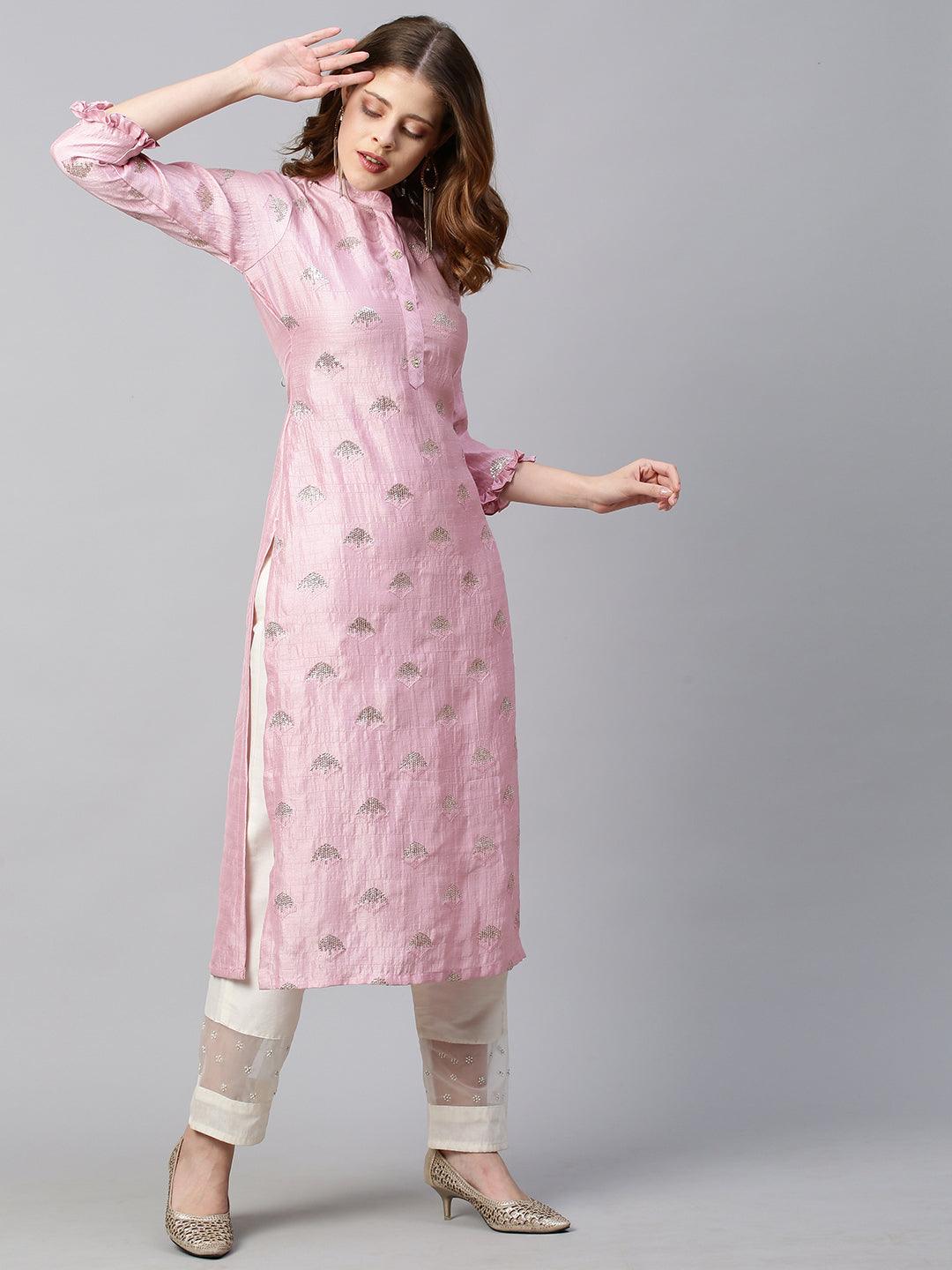 Sequin Embroidered Straight Fit Kurta - Light Pink - Indiakreations