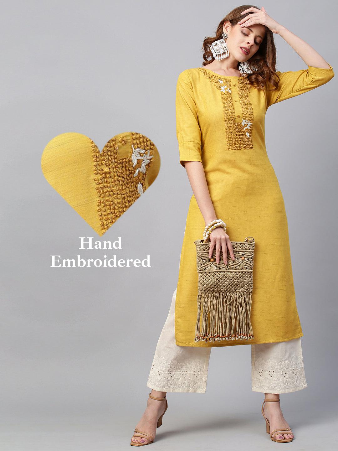 Floral & Sequin Hand Embroidered Straight Fit Kurta - Mustard - Indiakreations