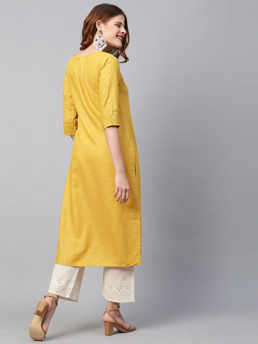 Floral & Sequin Hand Embroidered Straight Fit Kurta - Mustard - Indiakreations