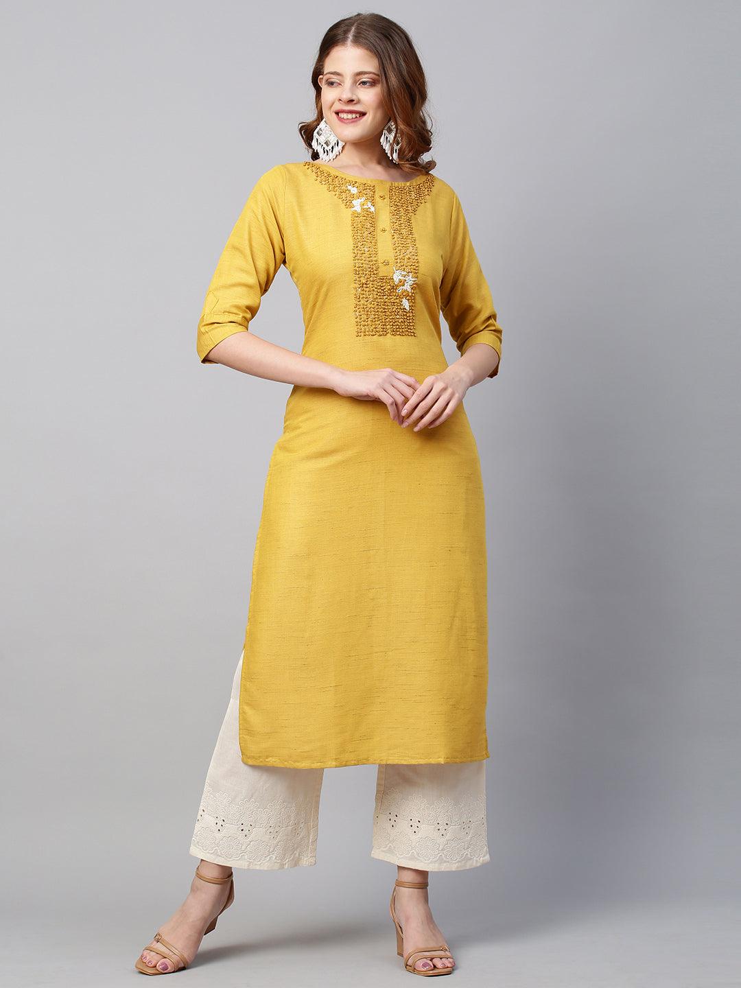 Floral & Sequin Hand Embroidered Straight Fit Kurta - Mustard - Indiakreations