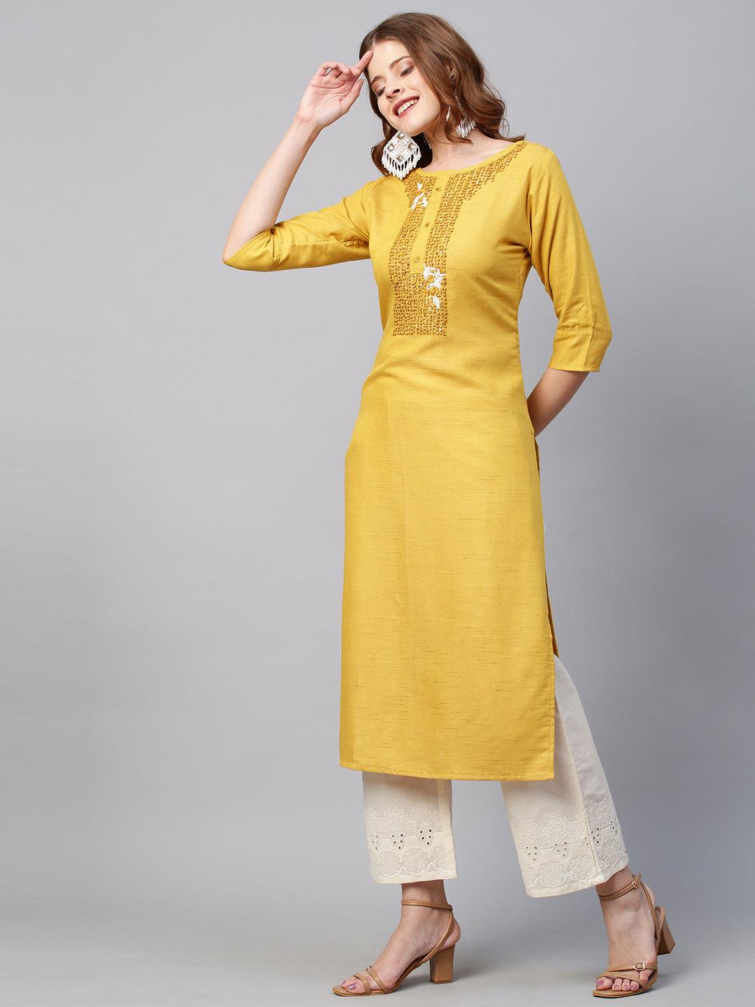 Floral & Sequin Hand Embroidered Straight Fit Kurta - Mustard - Indiakreations