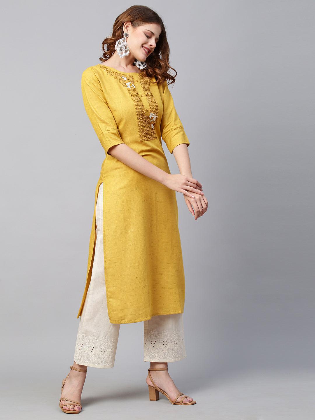 Floral & Sequin Hand Embroidered Straight Fit Kurta - Mustard - Indiakreations