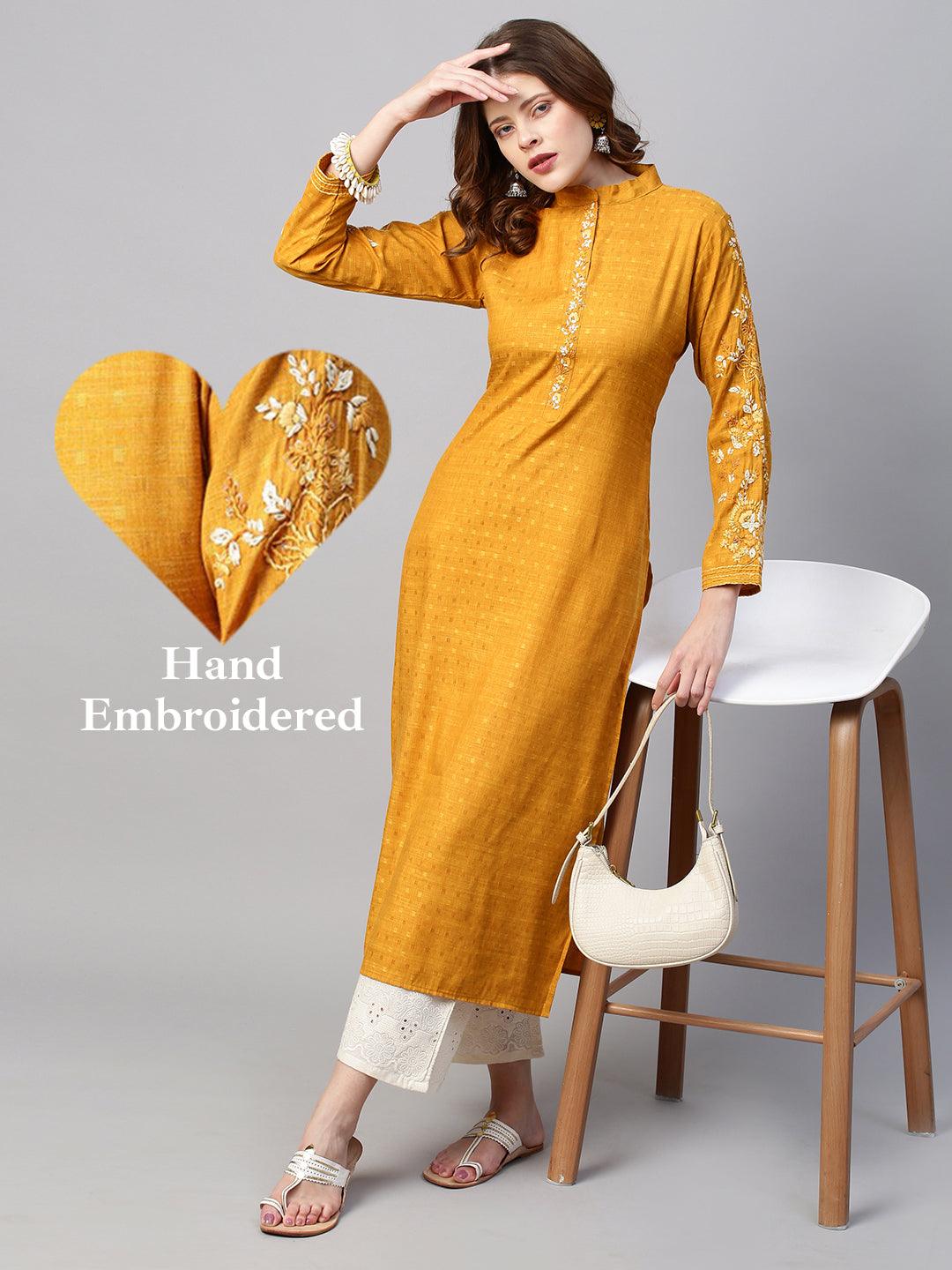 Floral Hand Embroidered & Woven Straight Fit Kurta - Deep Yellow - Indiakreations