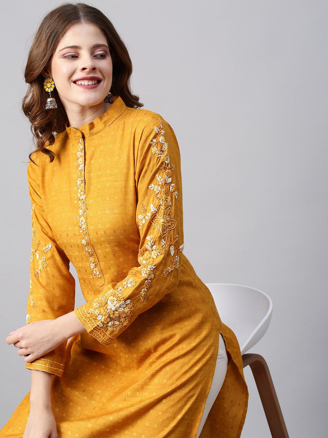 Floral Hand Embroidered & Woven Straight Fit Kurta - Deep Yellow - Indiakreations