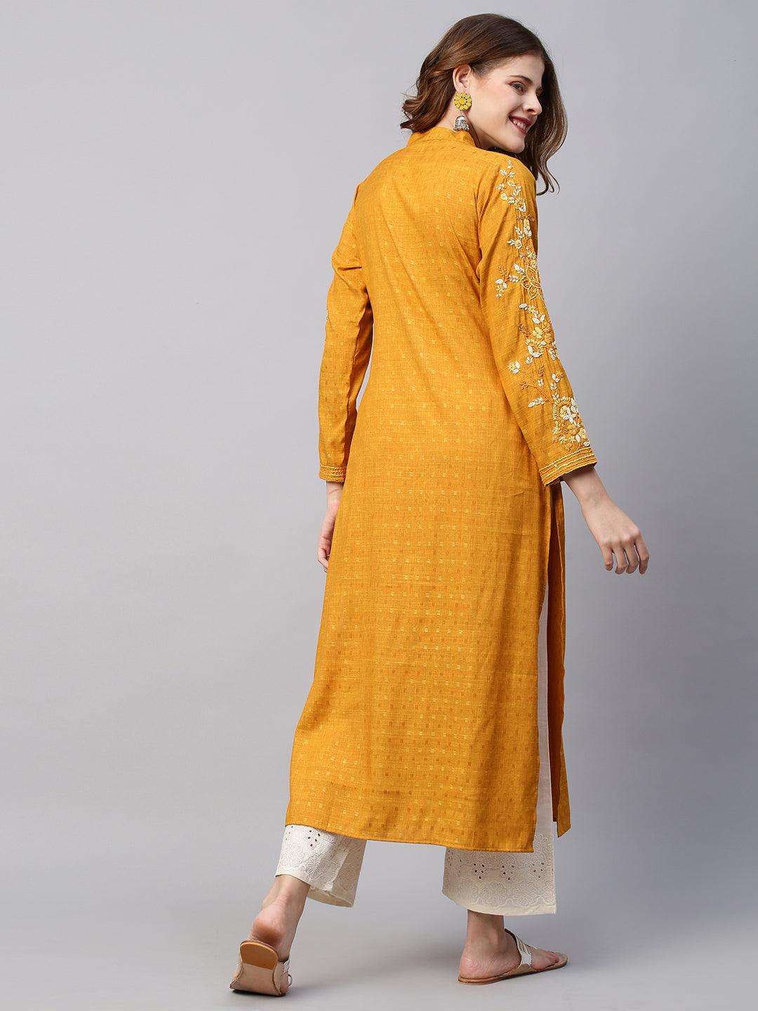 Floral Hand Embroidered & Woven Straight Fit Kurta - Deep Yellow - Indiakreations