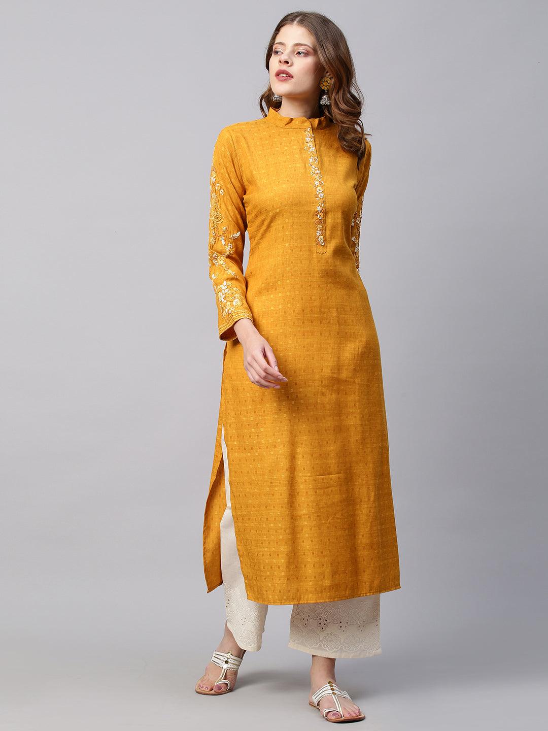 Floral Hand Embroidered & Woven Straight Fit Kurta - Deep Yellow - Indiakreations