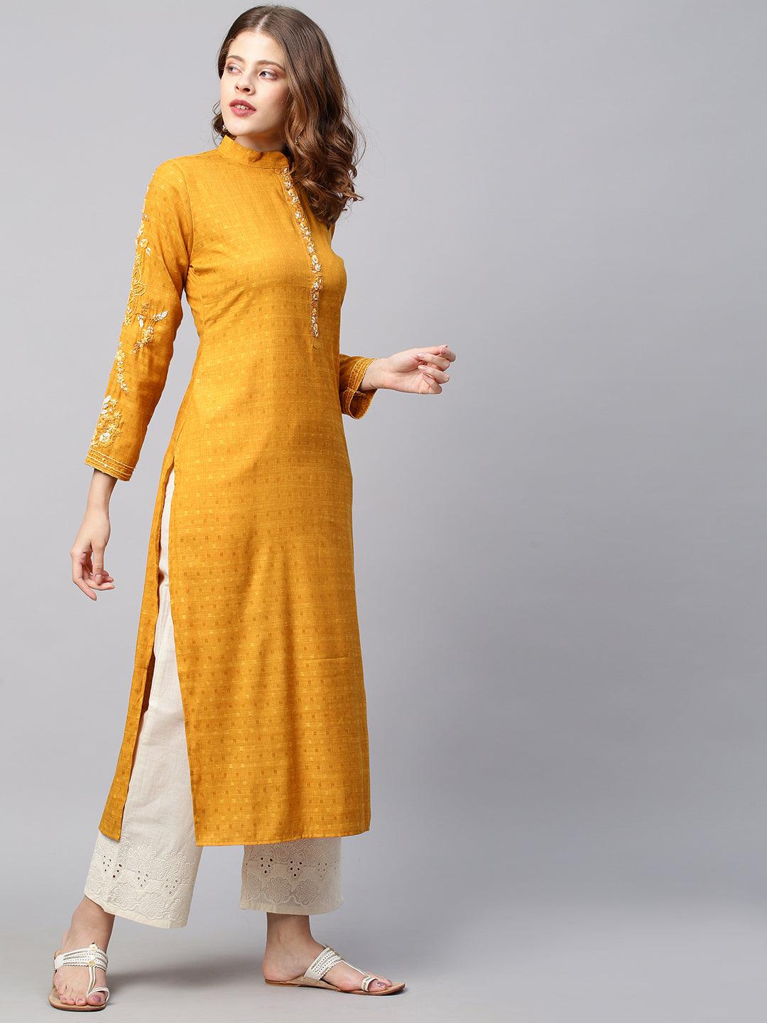 Floral Hand Embroidered & Woven Straight Fit Kurta - Deep Yellow - Indiakreations