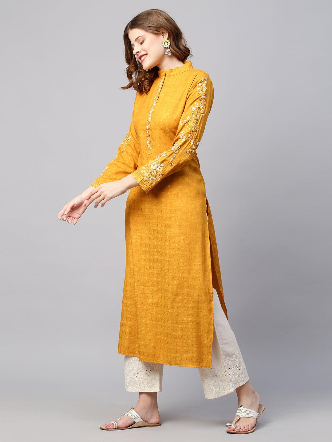 Floral Hand Embroidered & Woven Straight Fit Kurta - Deep Yellow - Indiakreations