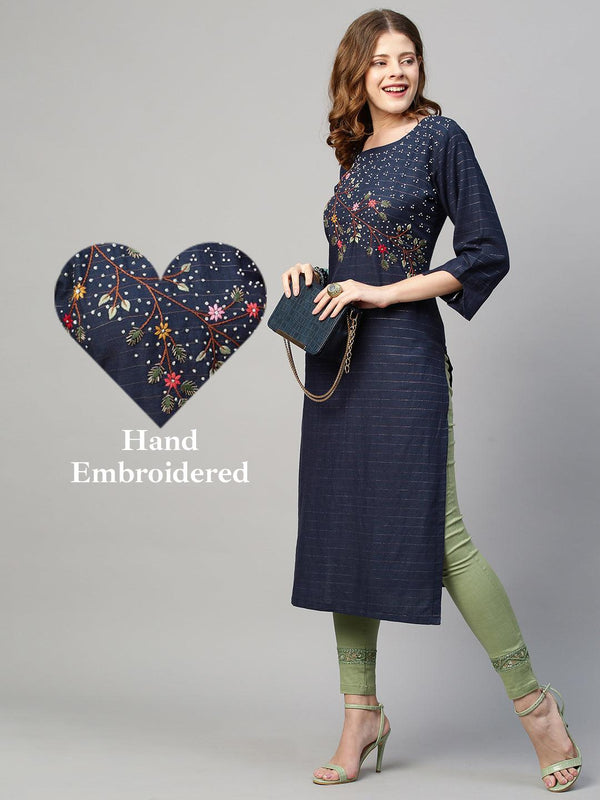 Floral Hand Embroidered & Lurex Striped Straight Fit Kurta - Navy Blue - Indiakreations