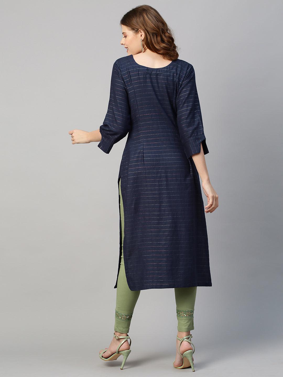 Floral Hand Embroidered & Lurex Striped Straight Fit Kurta - Navy Blue - Indiakreations