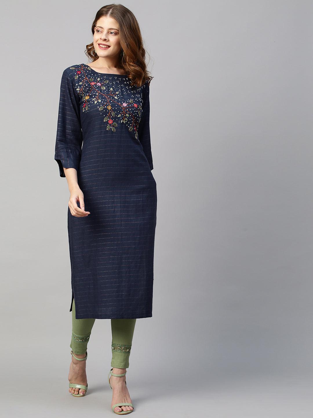 Floral Hand Embroidered & Lurex Striped Straight Fit Kurta - Navy Blue - Indiakreations