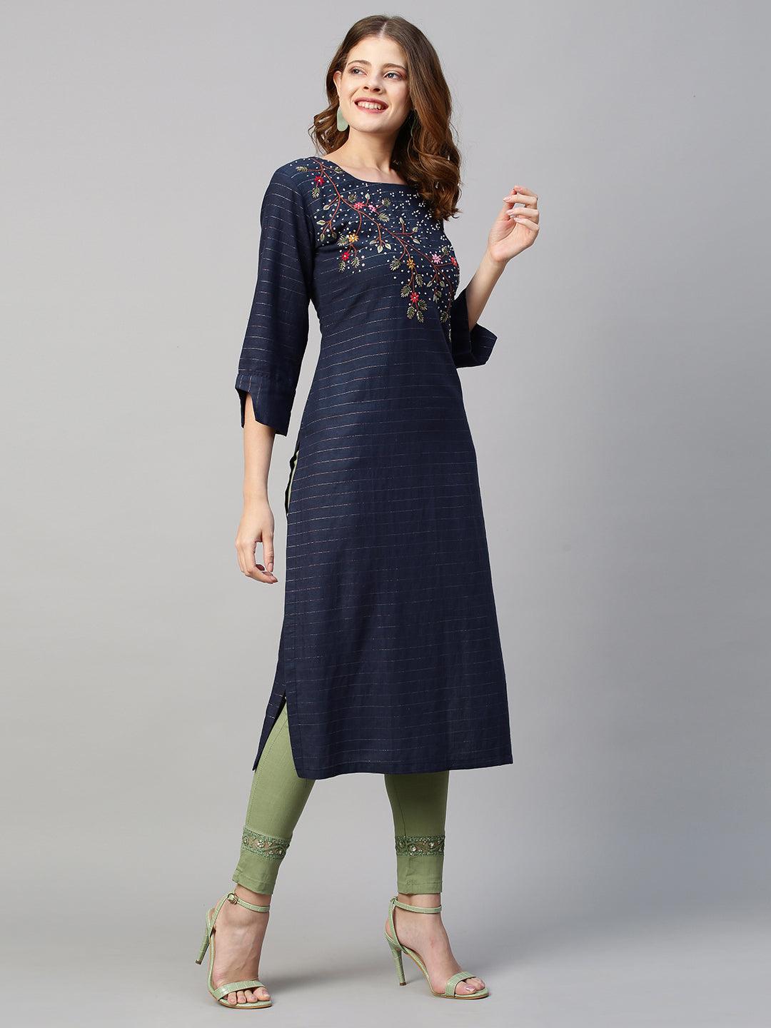 Floral Hand Embroidered & Lurex Striped Straight Fit Kurta - Navy Blue - Indiakreations