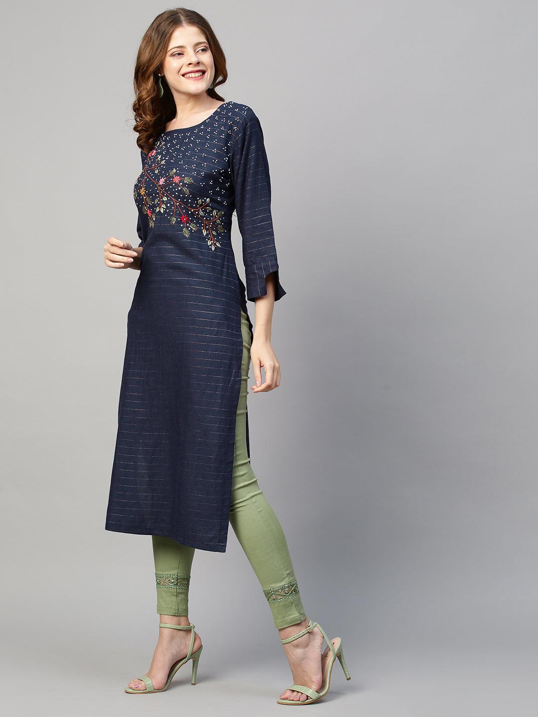 Floral Hand Embroidered & Lurex Striped Straight Fit Kurta - Navy Blue - Indiakreations