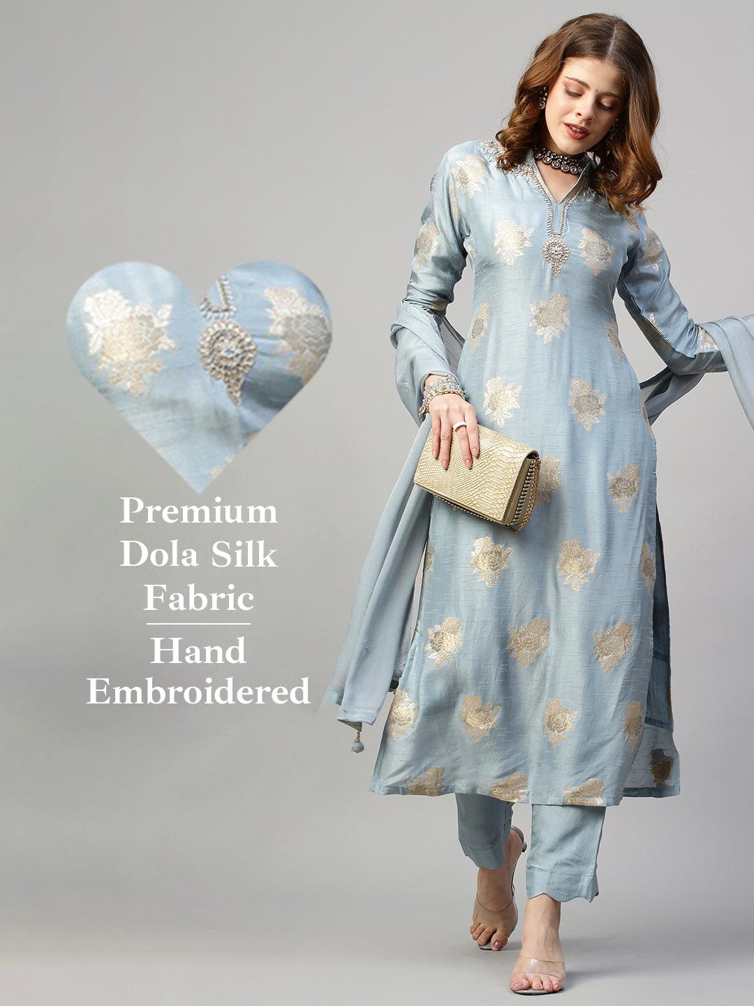 Floral & Hand Embroidered Kurta with Pants and Dupatta - Powder Blue - Indiakreations