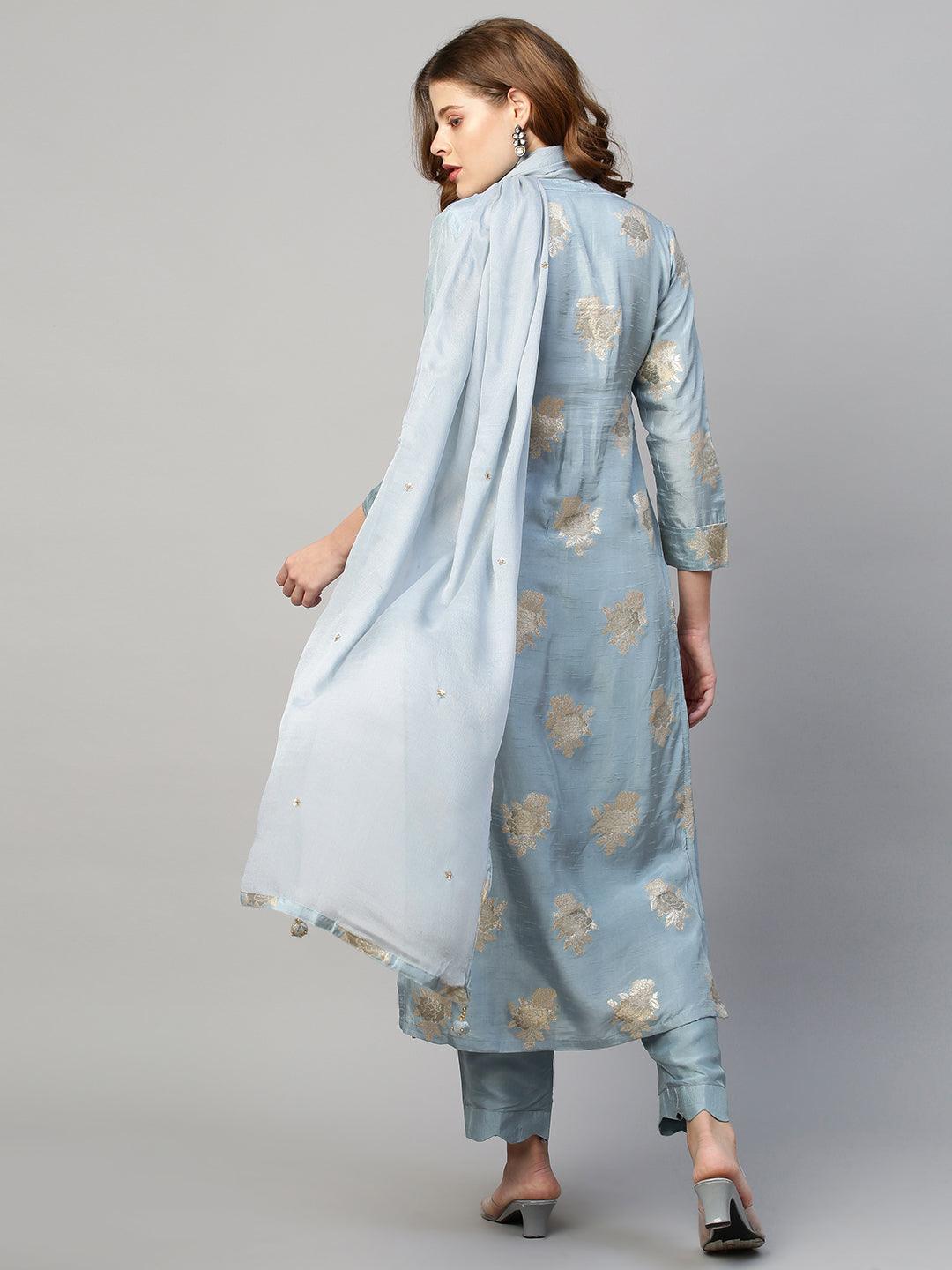 Floral & Hand Embroidered Kurta with Pants and Dupatta - Powder Blue - Indiakreations