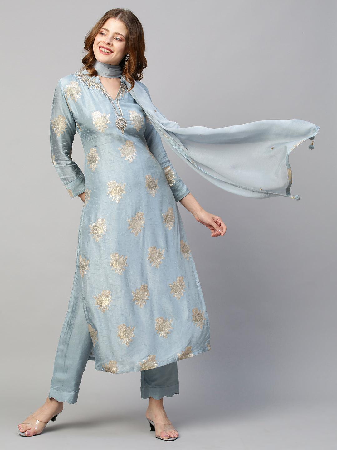 Floral & Hand Embroidered Kurta with Pants and Dupatta - Powder Blue - Indiakreations