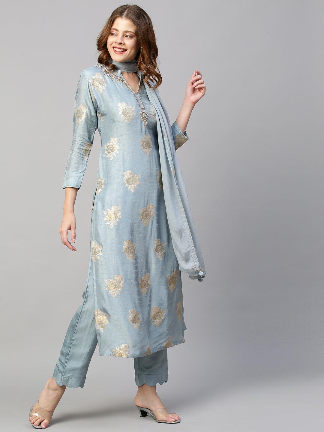 Floral & Hand Embroidered Kurta with Pants and Dupatta - Powder Blue - Indiakreations