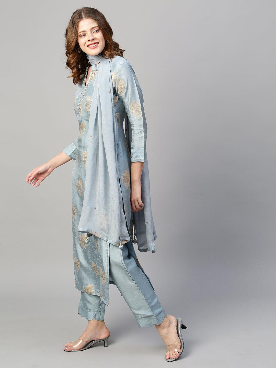 Floral & Hand Embroidered Kurta with Pants and Dupatta - Powder Blue - Indiakreations