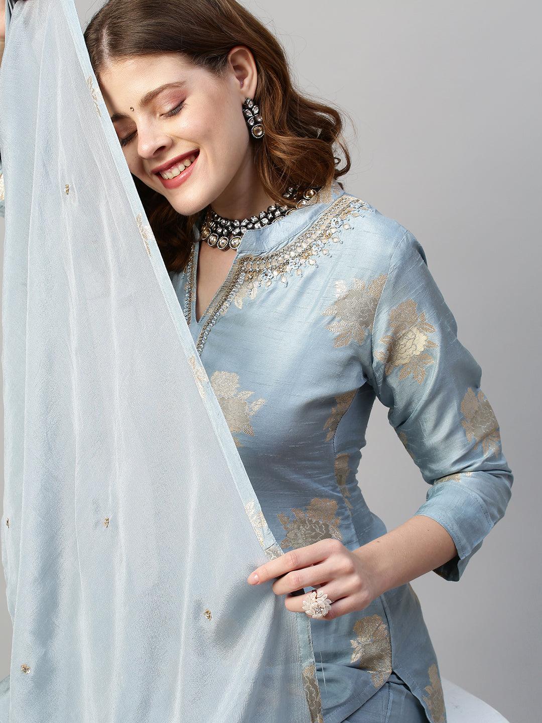 Floral & Hand Embroidered Kurta with Pants and Dupatta - Powder Blue - Indiakreations