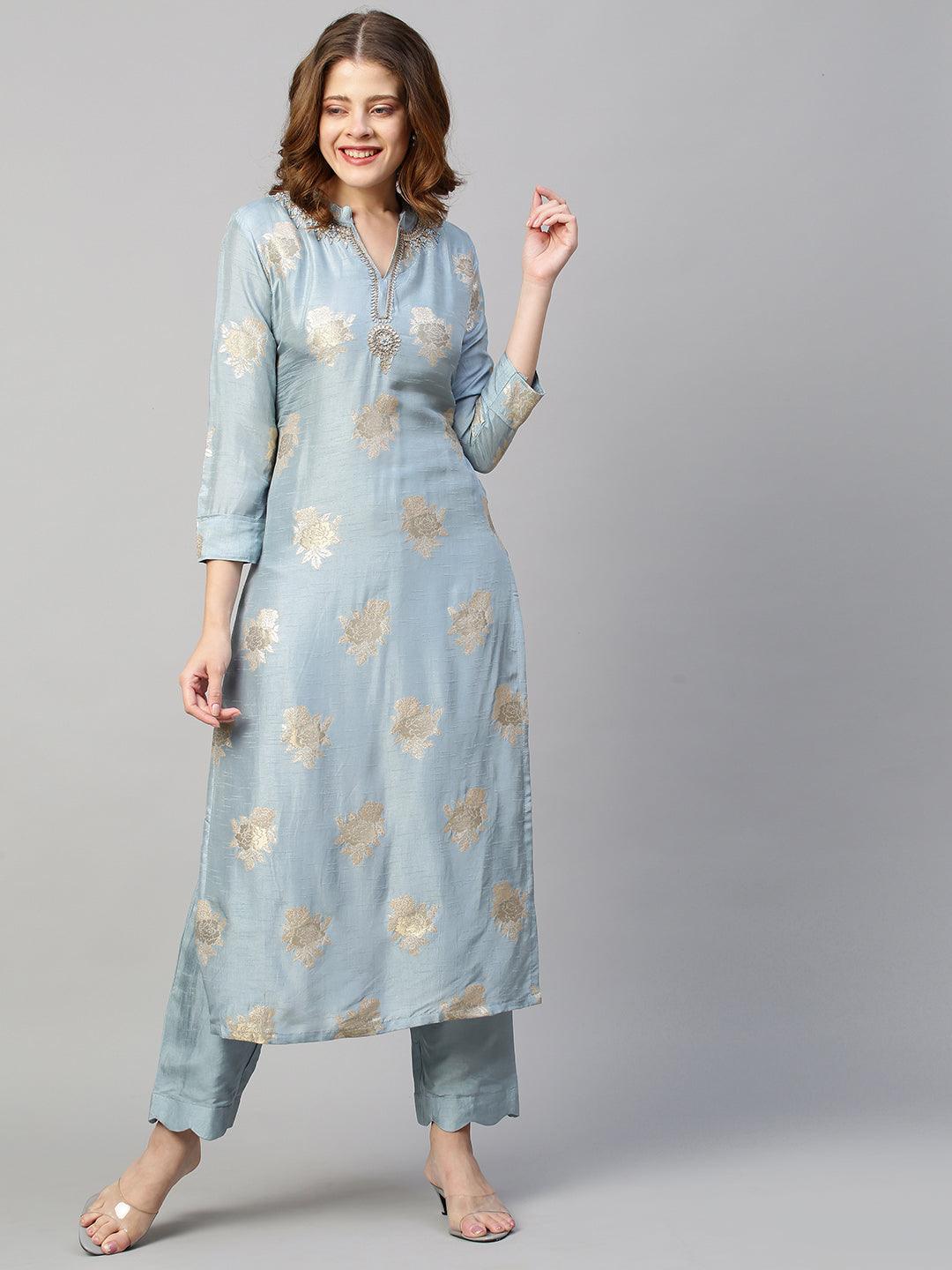 Floral & Hand Embroidered Kurta with Pants and Dupatta - Powder Blue - Indiakreations