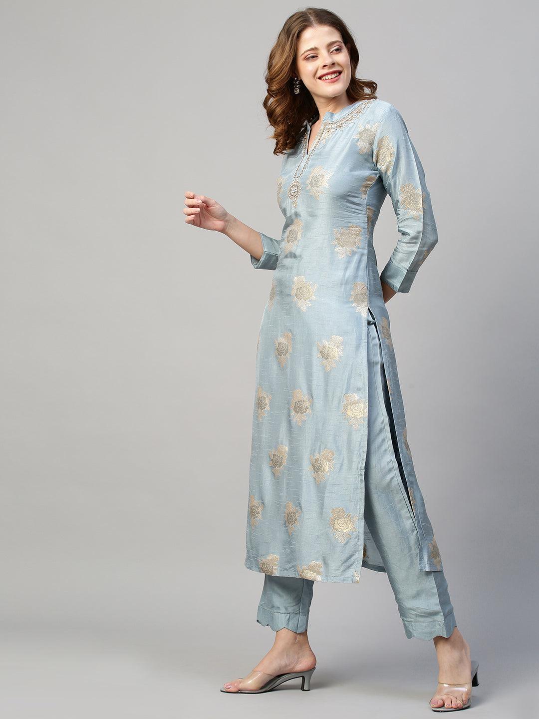 Floral & Hand Embroidered Kurta with Pants and Dupatta - Powder Blue - Indiakreations