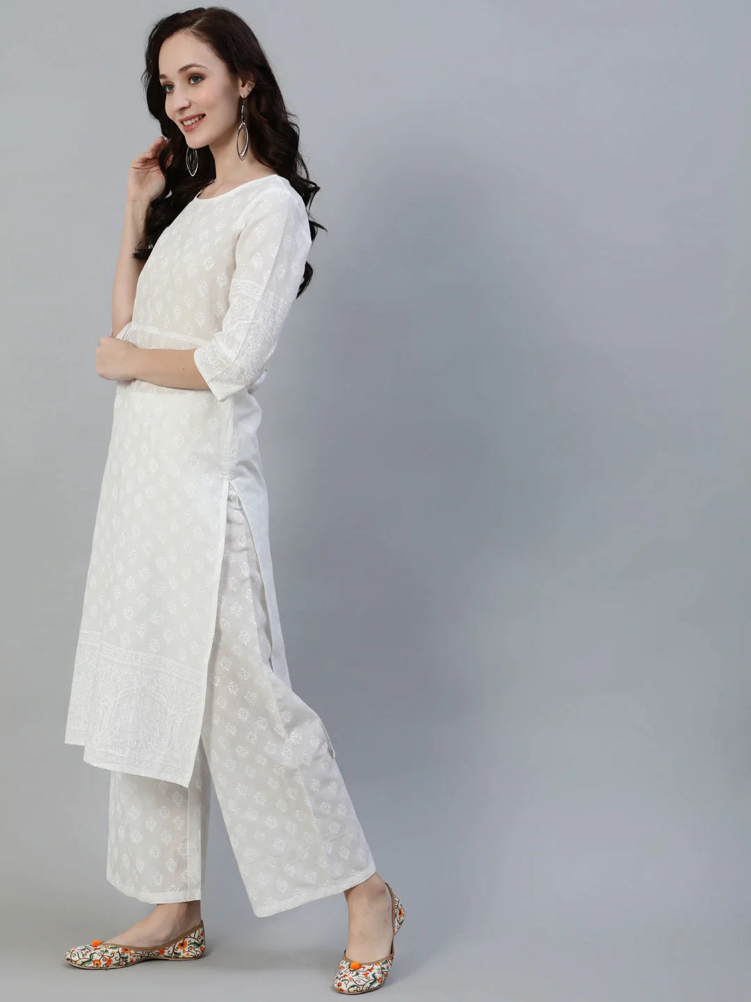 Women Off White Straight Block Print Pure Cotton Kurta & Palazzos | NOZ2TOZ - Made In INDIA.