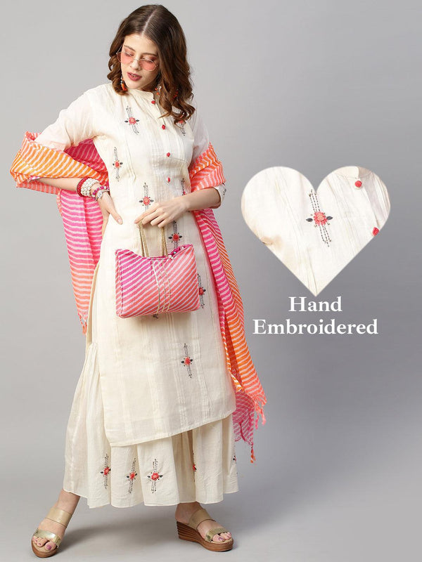 Floral Hand Embroidered Straight Kurta with Sharara and Dupatta - Off White - Indiakreations