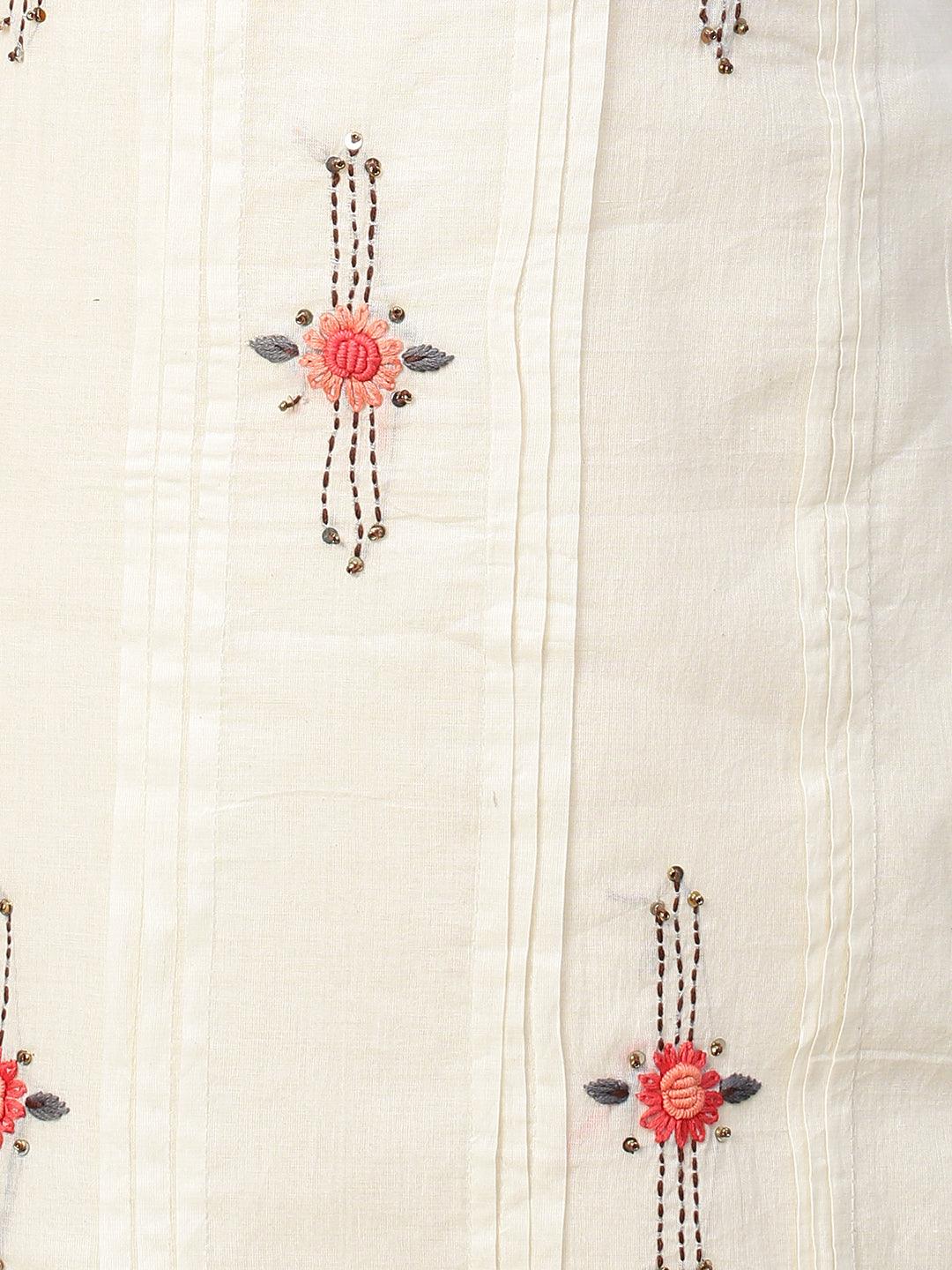 Floral Hand Embroidered Straight Kurta with Sharara and Dupatta - Off White - Indiakreations