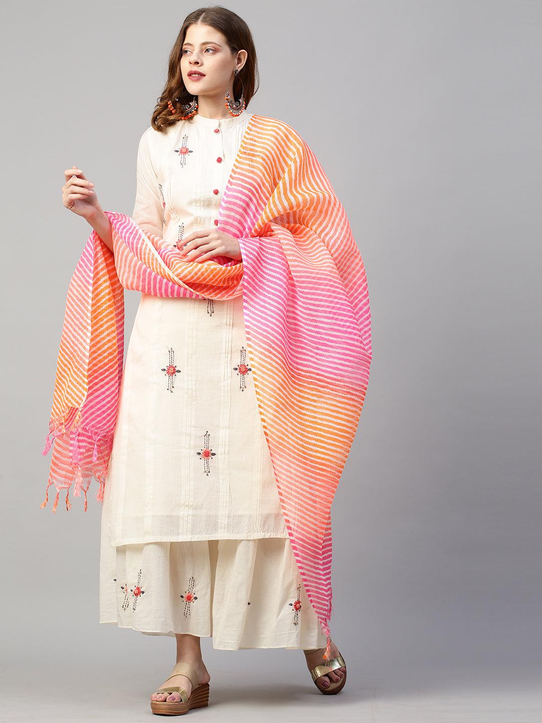 Floral Hand Embroidered Straight Kurta with Sharara and Dupatta - Off White - Indiakreations