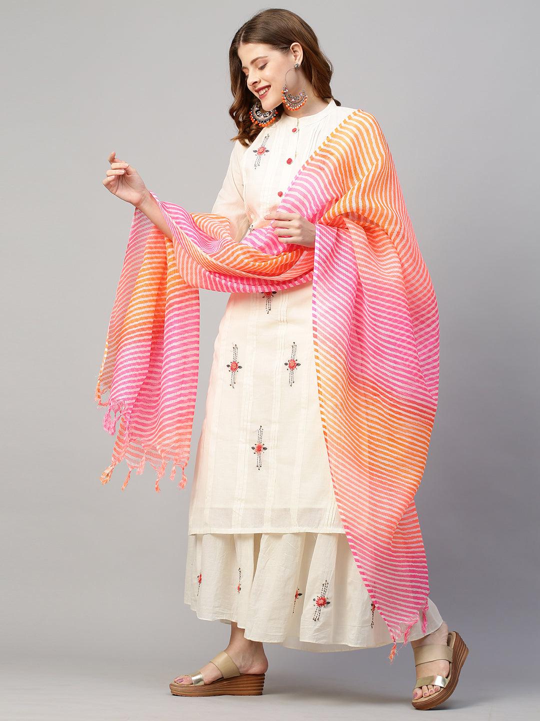 Floral Hand Embroidered Straight Kurta with Sharara and Dupatta - Off White - Indiakreations