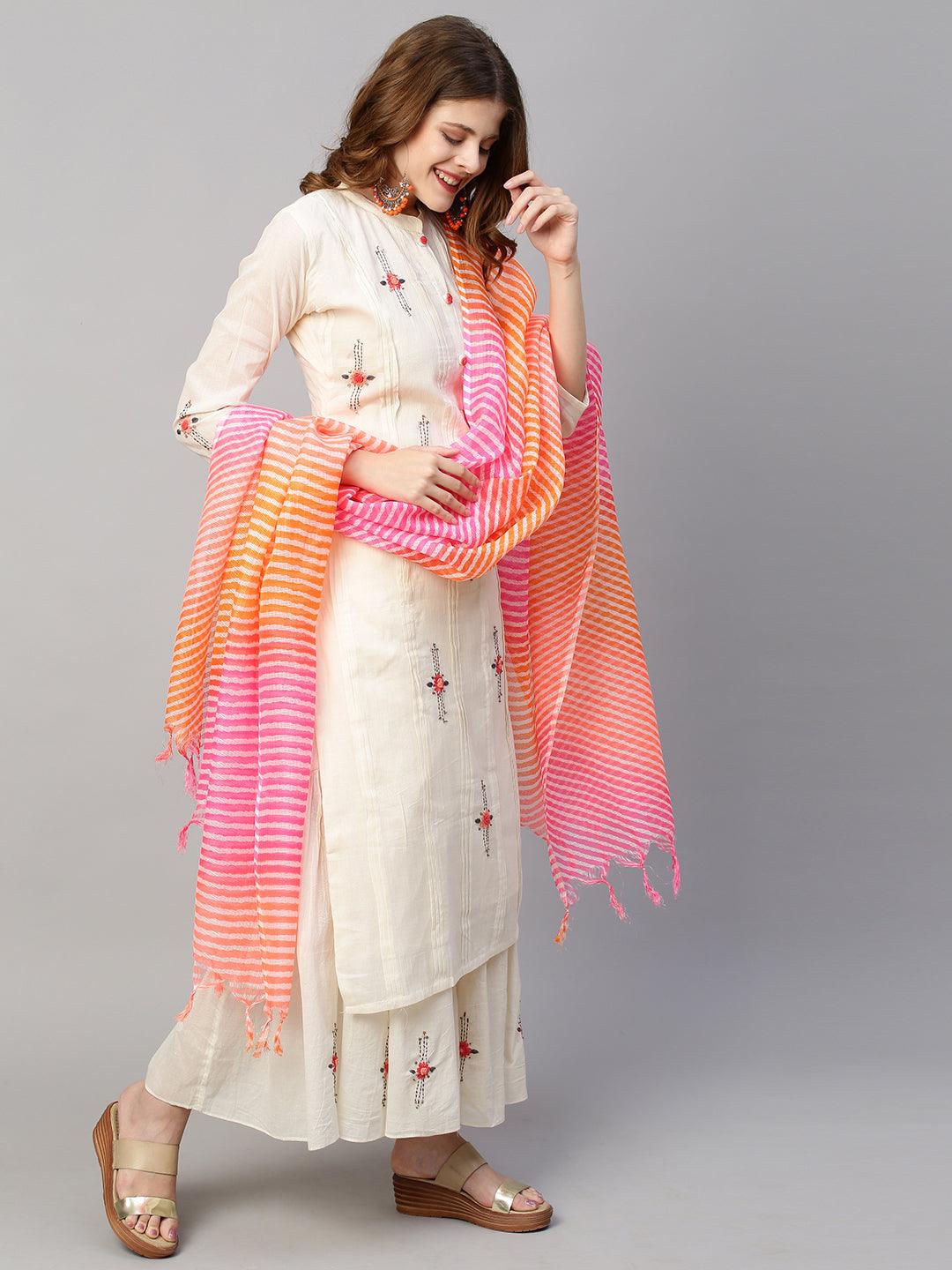 Floral Hand Embroidered Straight Kurta with Sharara and Dupatta - Off White - Indiakreations