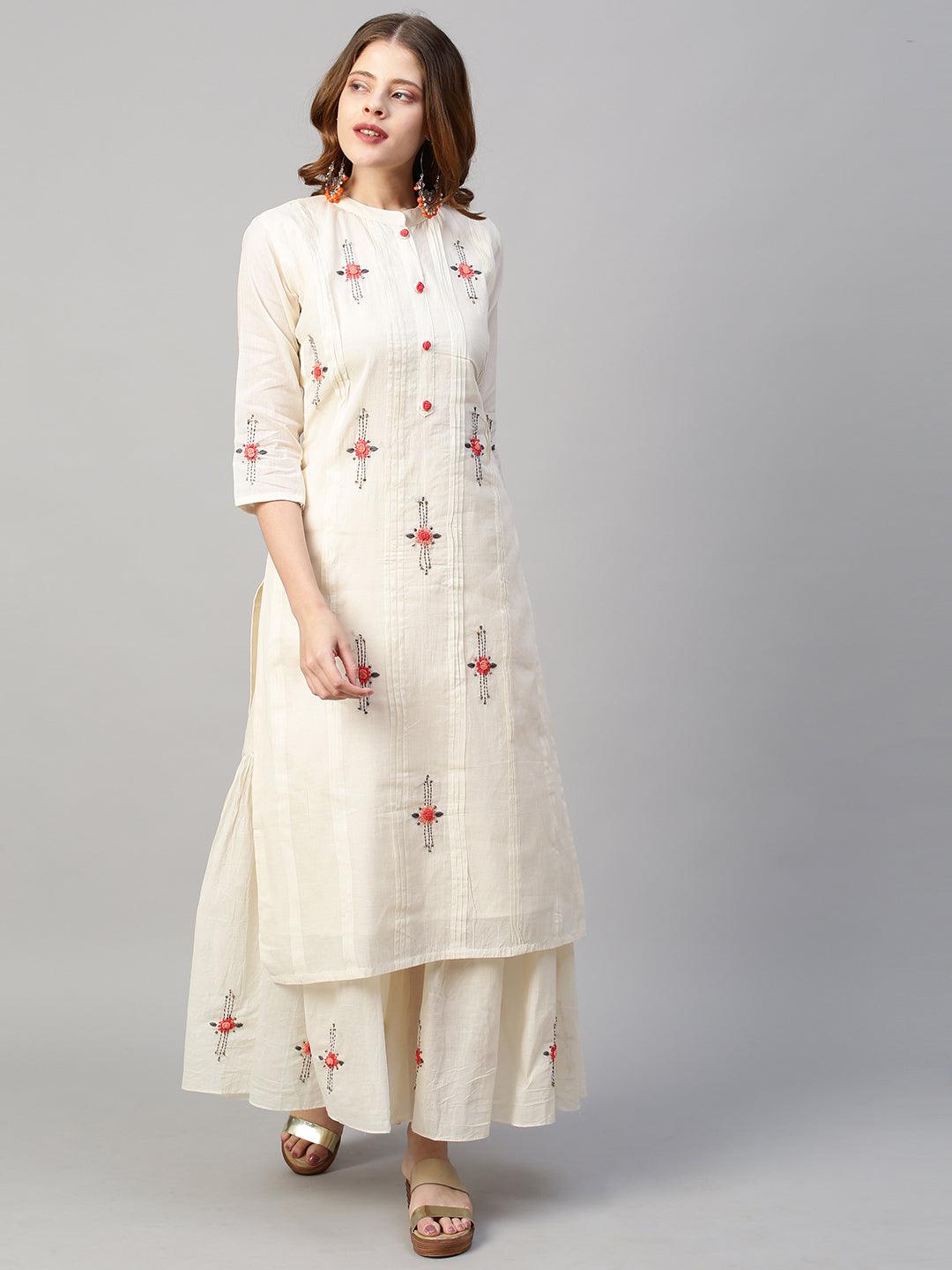 Floral Hand Embroidered Straight Kurta with Sharara and Dupatta - Off White - Indiakreations