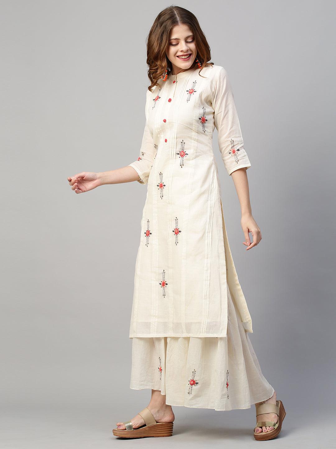 Floral Hand Embroidered Straight Kurta with Sharara and Dupatta - Off White - Indiakreations