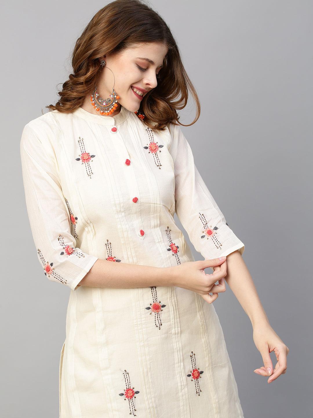 Floral Hand Embroidered Straight Kurta with Sharara and Dupatta - Off White - Indiakreations