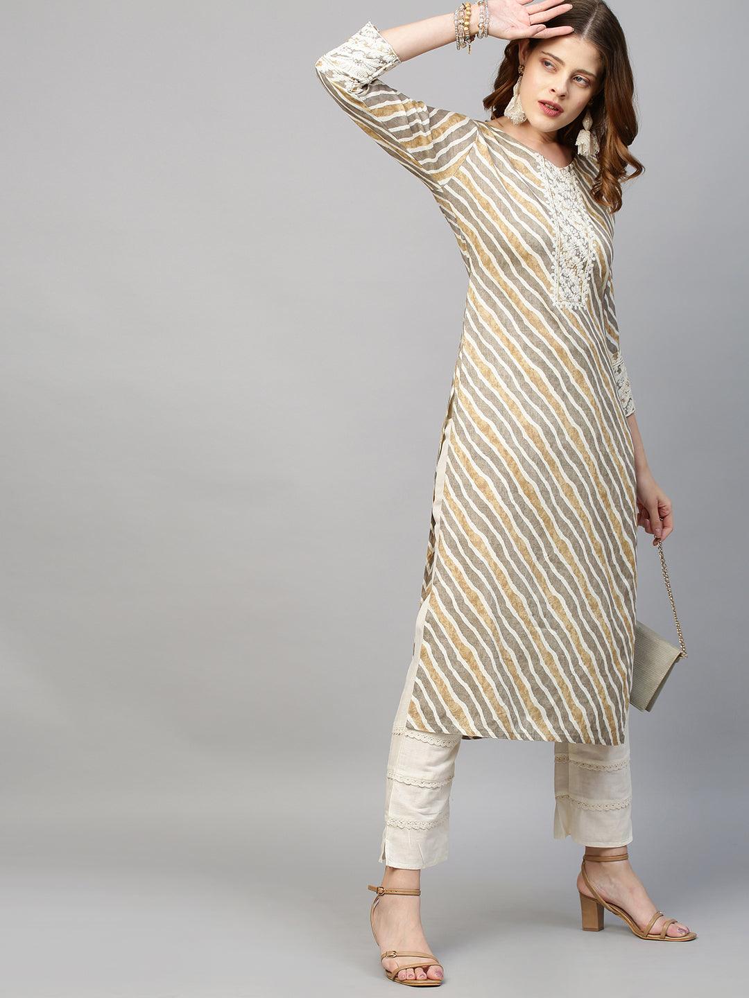 Floral Embroidered & Leheriya Printed Straight Fit Kurta - Light Brown - Indiakreations