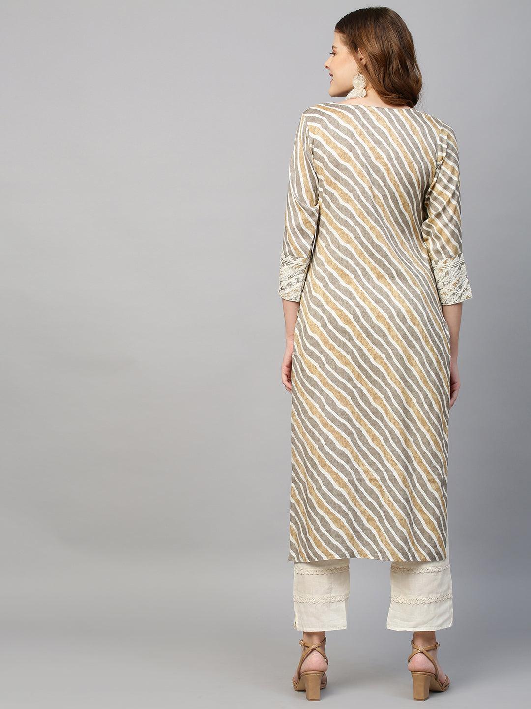 Floral Embroidered & Leheriya Printed Straight Fit Kurta - Light Brown - Indiakreations