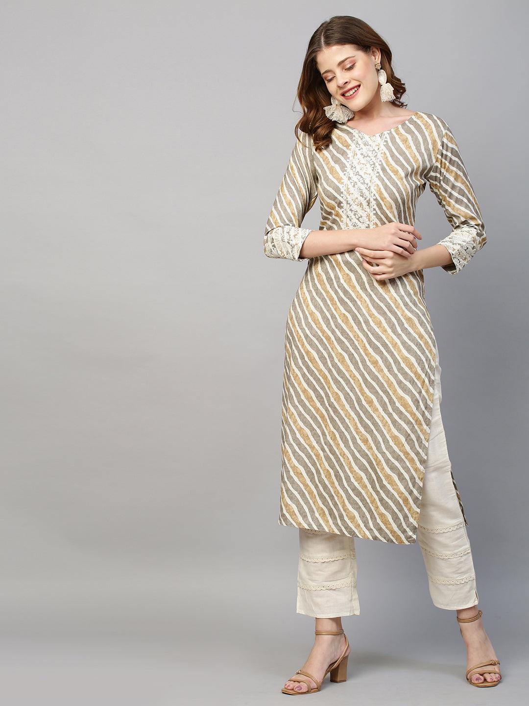 Floral Embroidered & Leheriya Printed Straight Fit Kurta - Light Brown - Indiakreations